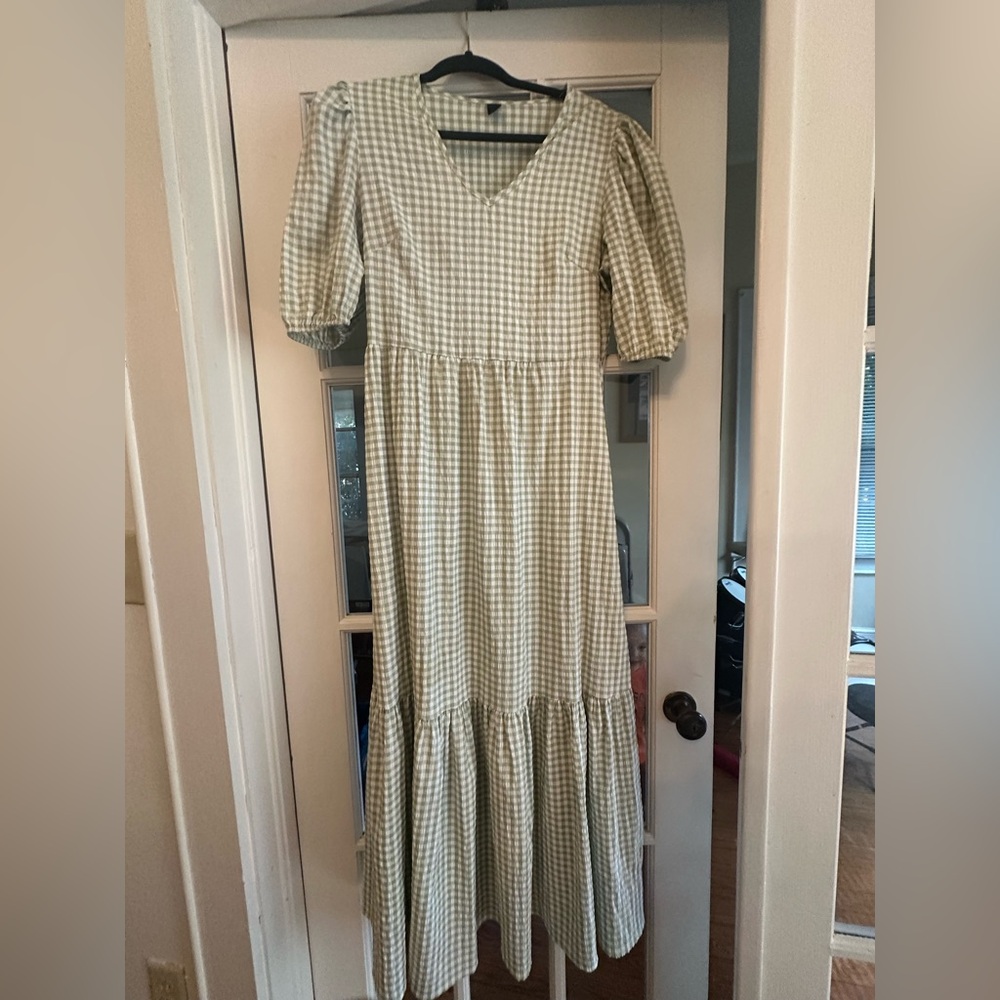 SHEIN Green Checkered Puff Sleeve Maxi Dress
